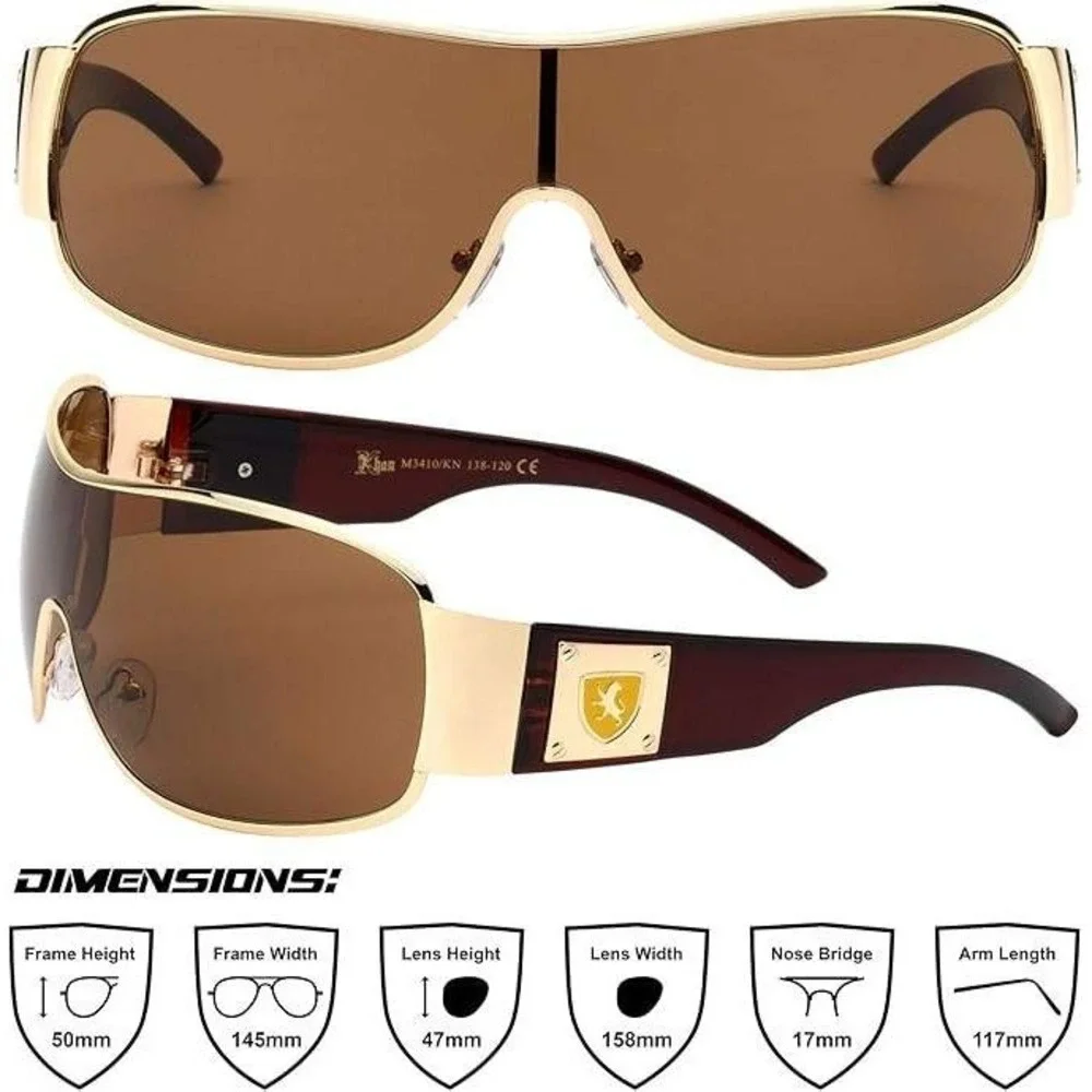 Block Curved One Piece Shield Sunglasses‎ Men's Flat Top Gold Frame Brown Lens